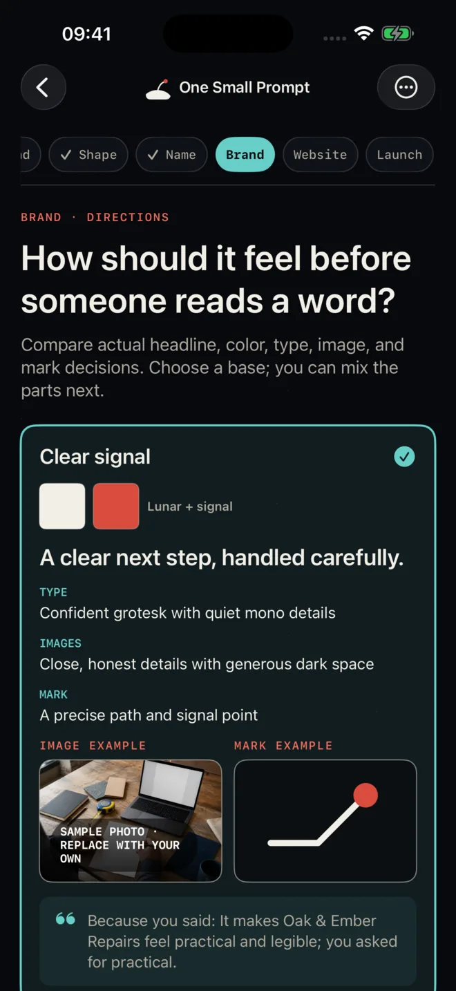 Brand directions with type, color, imagery, and mark examples in the One Small Prompt app