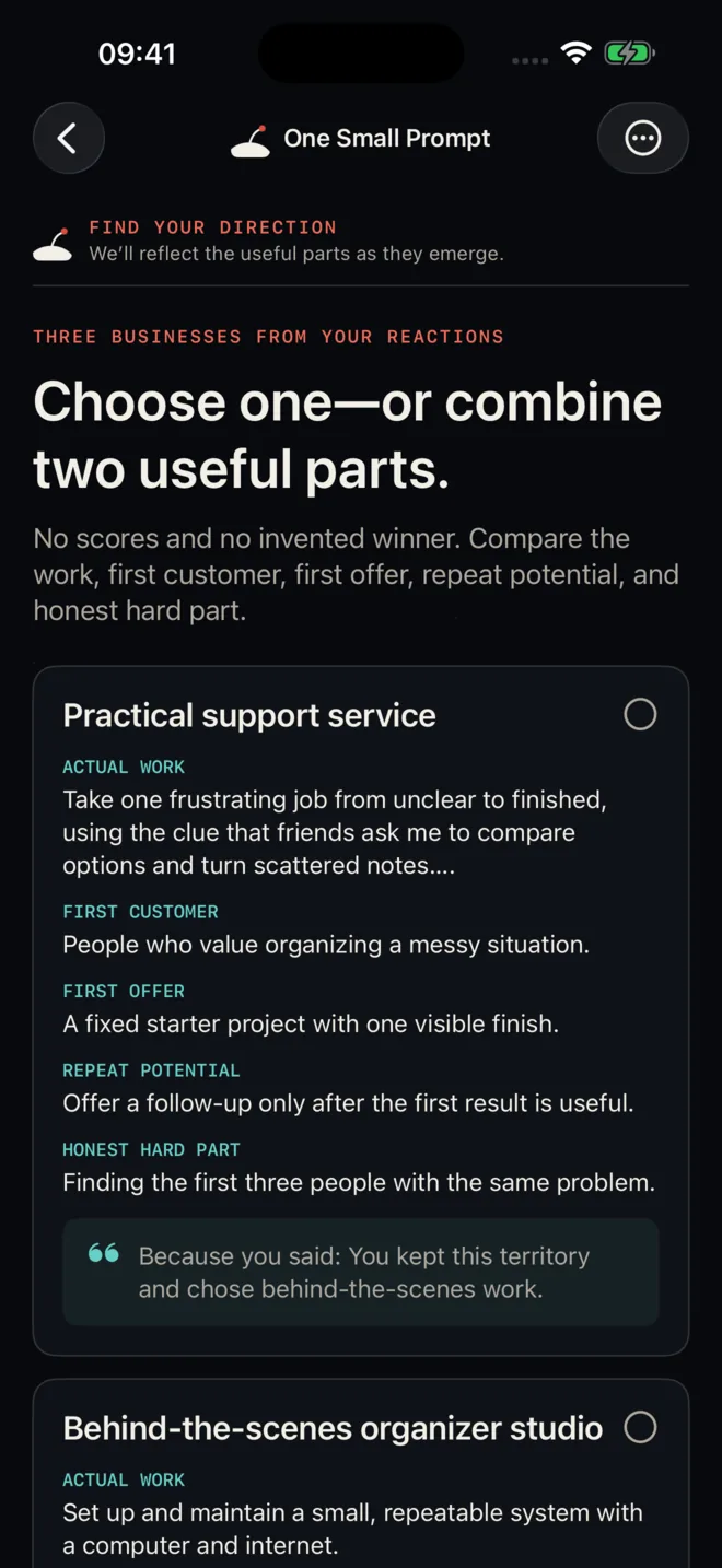 Three business directions in the One Small Prompt app
