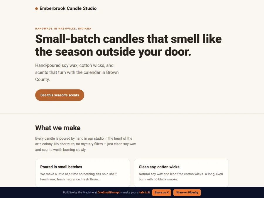 Fictional Emberbrook Candle Studio website demonstration