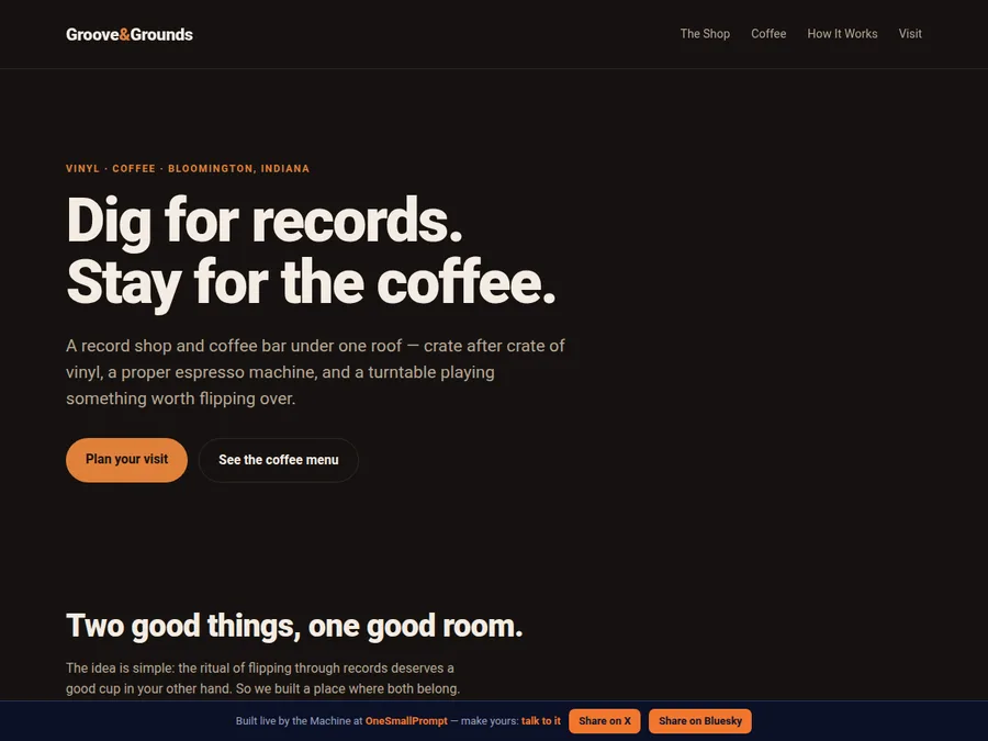 Fictional Groove and Grounds record shop and coffee bar website demonstration