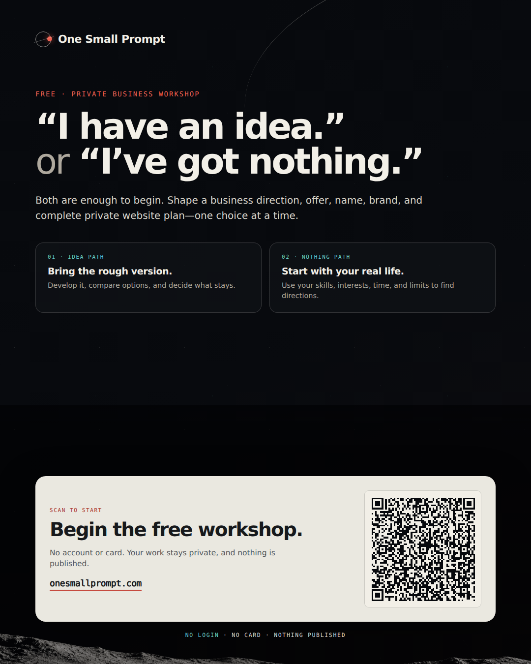 One Small Prompt poster offering two starting choices, an idea or nothing, with a QR code to the free workshop