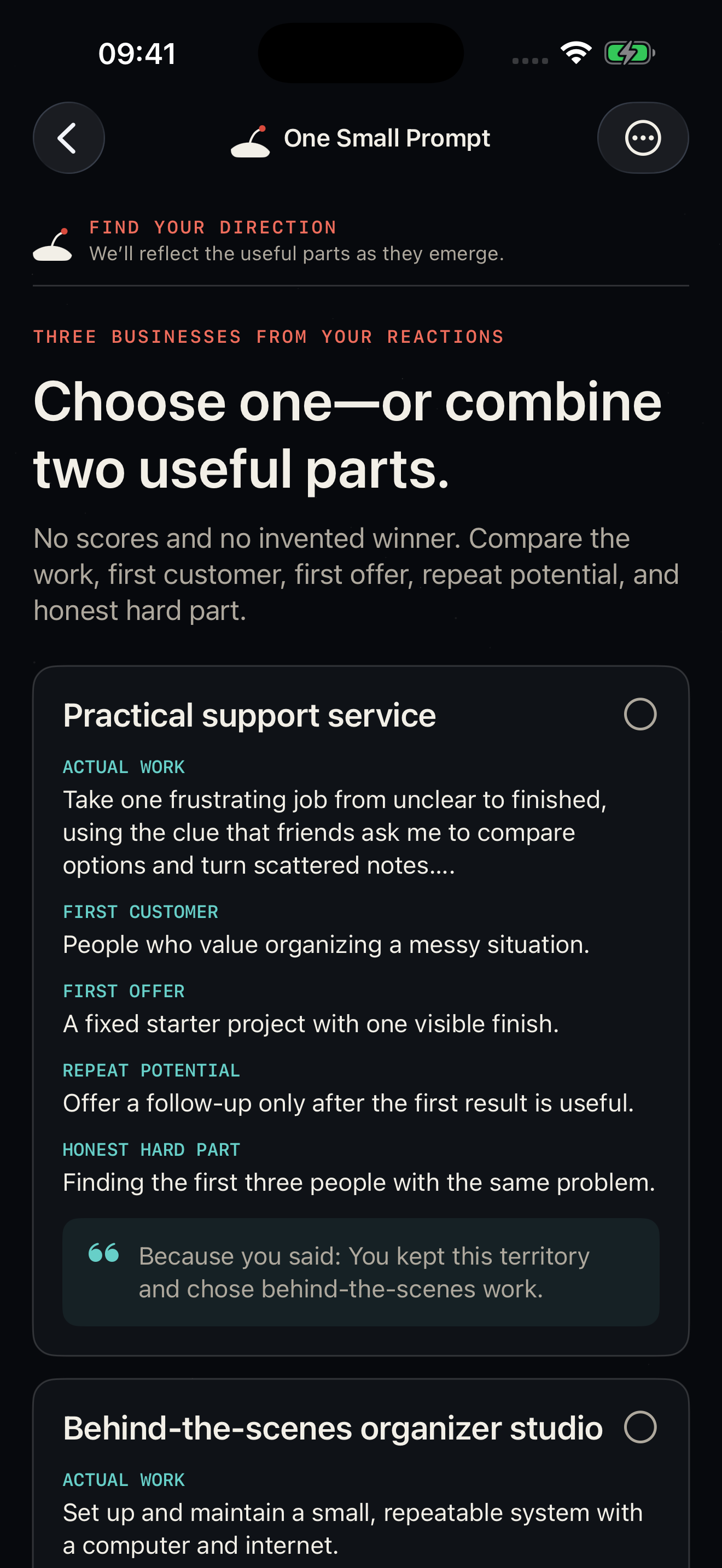 Current One Small Prompt directions screen showing three fictional business directions for the Oak and Ember demonstration