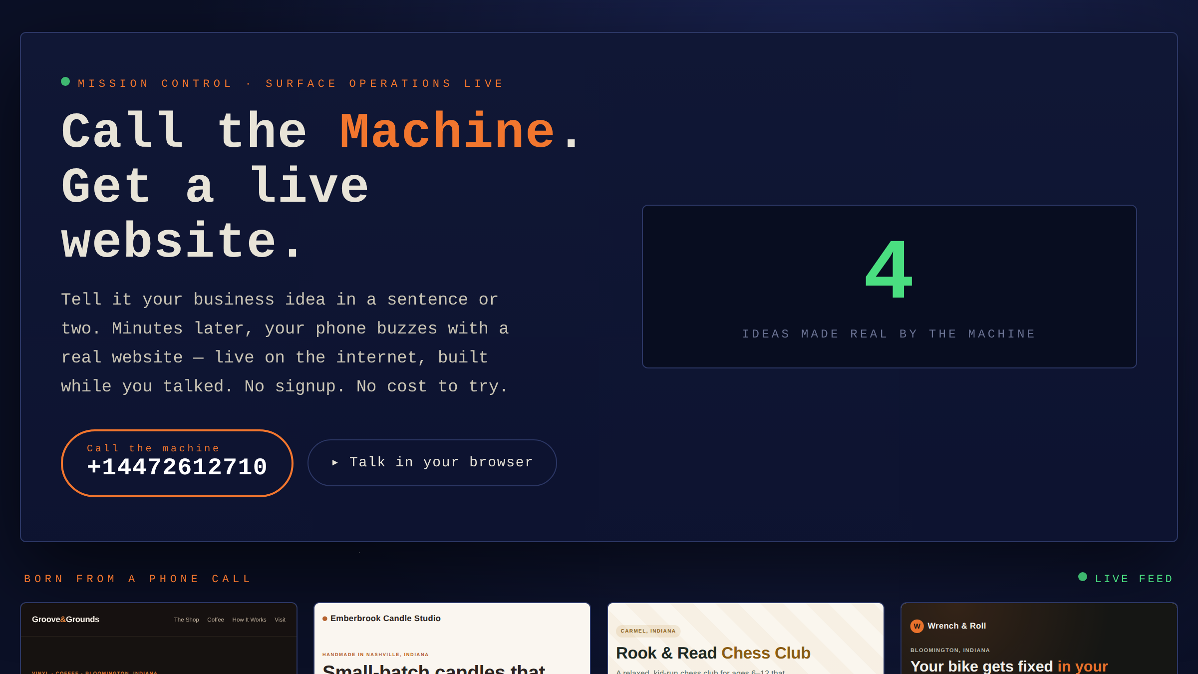 The Machine gallery — call and get a live website